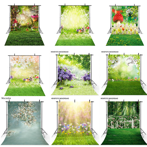 Spring Scenery Backdrop Easter Egg Grassland Fairy Tale Forest Children Newborn Floral Mushrooms Elves Flowers Photo Background ► Photo 1/6