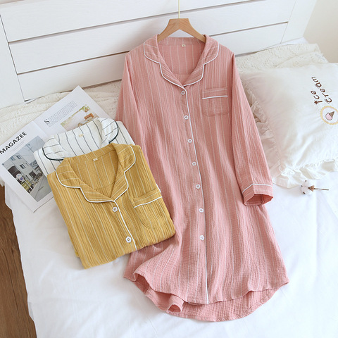 2022 new spring and summer women's 100% cotton long-sleeved Nightgowns home simple plus size striped home Sleepshirts long dress ► Photo 1/6