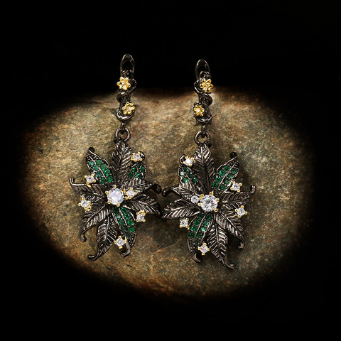 Vintage Bohemian Black Gold Diamond Flower Green Zircon Earrings Creative 925 Silver Earrings Women's Jewelry Flower Earrings ► Photo 1/5