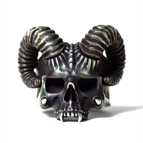 EYHIMD Unique Silver Color 316L Stainless Steel Ring Horned Devil Evil Skull Rings Mens Womens Punk Biker Jewelry ► Photo 1/4