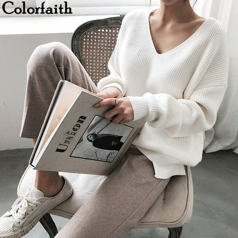 Colorfaith 2022 Autumn Winter Women's Knitwear sexy V-Neck Minimalist Tops Korean Irregular Hem Knitted Casual Sweaters SW8112 ► Photo 1/6
