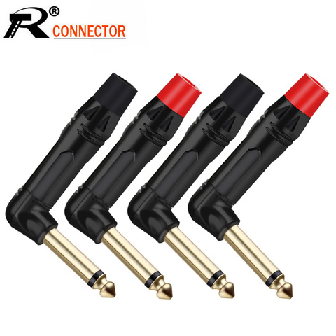 2pcs/lot Right Angle Jack 6.35mm 3 Poles Stereo Male Connector Gold Plated 1/4 Inch Plug Microphone Connector 1 Pair Red+Black ► Photo 1/6