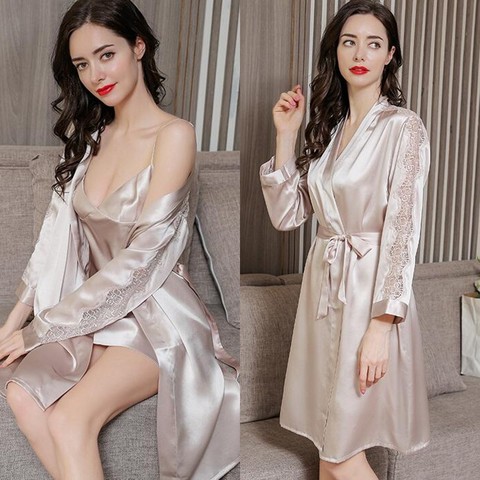 100% Pure Silk Women's chemise Robe Pajama Set Sleepwear Nightgown L-2XL XM007 ► Photo 1/6