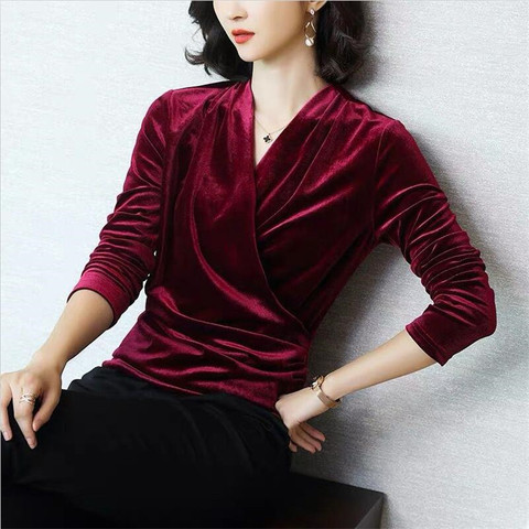 European style Women's elegant long sleeve velour shirts Tops Female Slim sexy V-neck velvet blouse tops plus size 6XL 7XL 8XL ► Photo 1/5