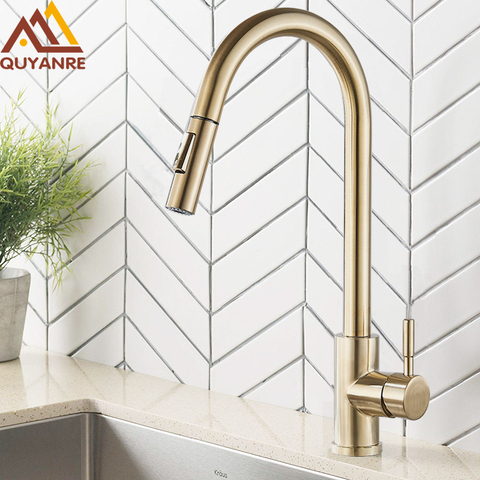 Quyanre Brushed Gold Kitchen Faucet Pull Out Kitchen Sink Water Tap Single Handle Mixer Tap 360 Rotation Kitchen Shower Faucet ► Photo 1/6