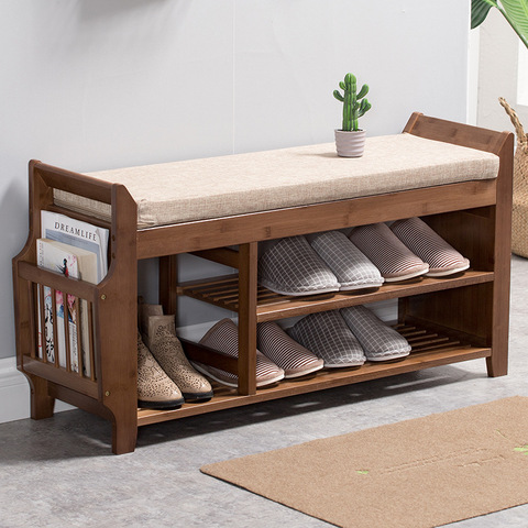 Natural Bamboo Shoe Storage Rack Bench with 2-Tier Cushion Seat Living Room Shoe Organizer Entryway Storage Hallway Furniture ► Photo 1/6