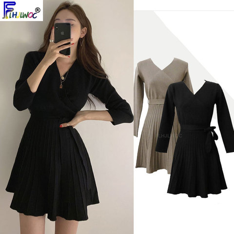 Winter Knitted Dresses Hot Sales Women Long Sleeve Korea Style Design Bow Tie A Line V Neck Cute Mini Little Black Dress 12112 ► Photo 1/6