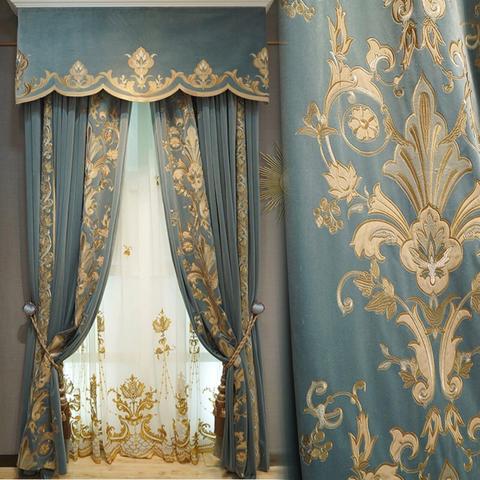Custom curtains High-quality French flannel embroidered velvet thick duplex blue cloth blackout curtain tulle valance drape C128 ► Photo 1/6