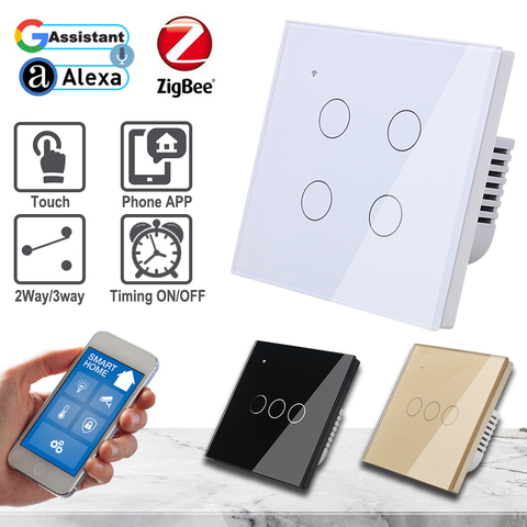 Zigbee Touch Light Wall Switch No Need Neutral White Glass Blue LED 86*86mm Smart Home Phone Control 2Way/3Way Alexa Google Home ► Photo 1/6