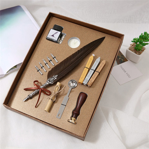 Calligraphy Feather Dip Quill Pen Writing Ink Gift Box Fountain Pen 5 Nibs  Set