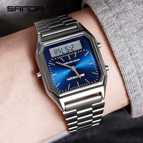 2022 New Sanda Men Watches Retro Stainless Steel Band Digital Display erkek kol saati zegarek damski relogios Wristwatches ► Photo 1/6