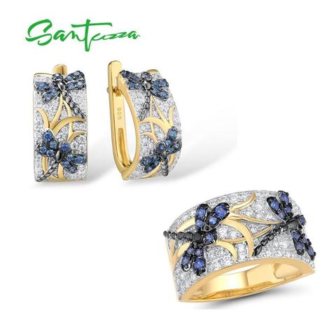 SANTUZZA 925 Silver Jewelry Set For Women Pure 925 Sterling Silver Gold Color Delicate Blue Dragonfly Trendy Gift Fine Jewelry ► Photo 1/6