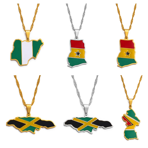 Anniyo Colorful Flags Nigeria Ghana Jamaica Guyana Maps Stainless Steel & Enamel Pendant Necklaces National Jewelry #122921 ► Photo 1/6