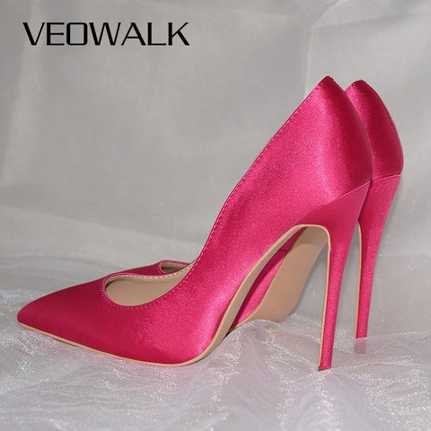 Veowalk Rose Pink Women Satin Stilettos High Heels Slip On Pointy Toe Silk Pumps Elegant Ladies Wedding Bridal Dress Shoes ► Photo 1/6