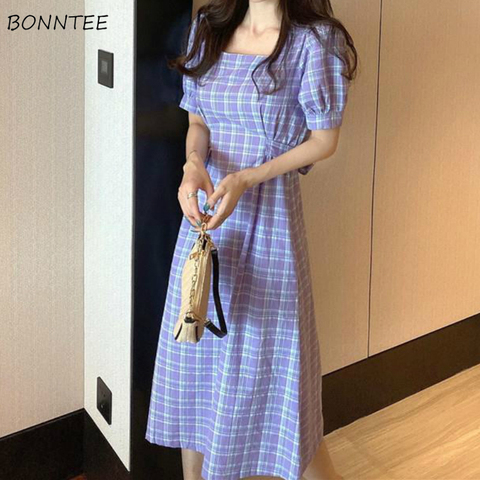 Dress Women Orange Fresh Summer High Waist Retro Plaid Temperament Tunic Vacation Female Chic Midi Dresses Trendy Casual Vintage ► Photo 1/6