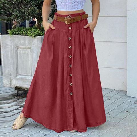 Stylish Women's Skirts Spring High Wasit Solid Long Skirt ZANZEA Casual Buttons Down Faldas Saia Elegant Party Skirts Jupe 5XL 7 ► Photo 1/6