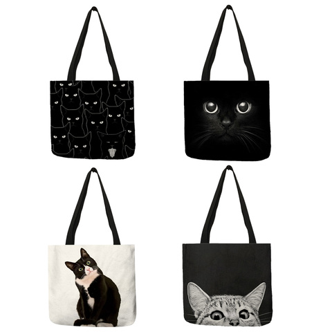 Fabric Foldable Shopping Bags For Groceries Cute Black Cat Print Tote Bag for Women Personality School Traveling Shoulder Bags ► Photo 1/6