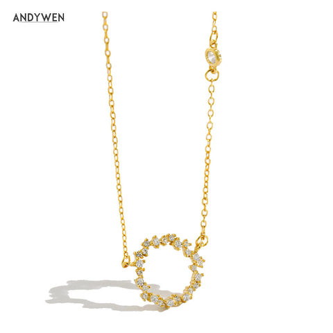 ANDYWEN 925 Sterling Silver Gold Circle Round Pendant Zircon Pave Long Chain Necklace Wedding Gift Fashion Jewelry For Women ► Photo 1/6