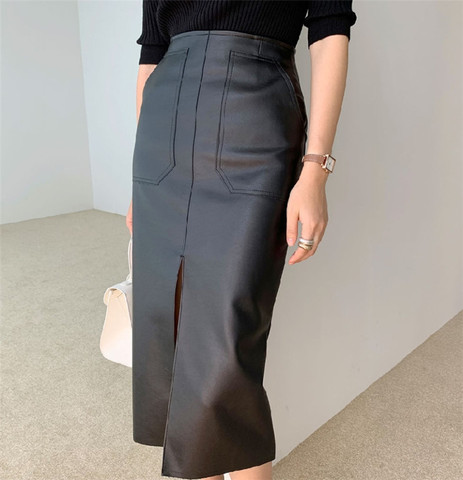 New 2022 Spring Women PU Leather Skirts High Waist Pockets Package Hip Skirt Female Front Split Zipper Midi Pencil Skirts ► Photo 1/6