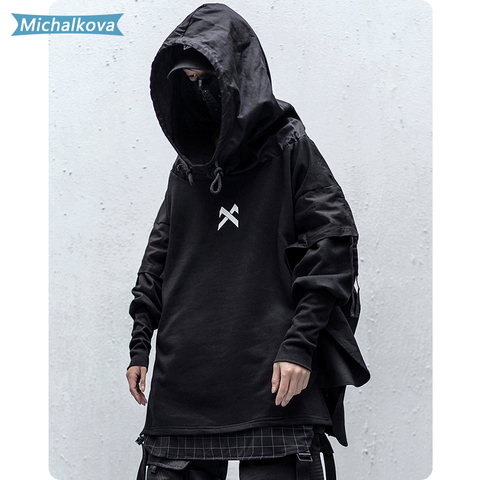 Japanese Streetwear Man Hoodies Hip Hop Embroideried Pullover Patchwork Fake Two Darkwear Tops Techwear Hoodies michalkova ► Photo 1/6