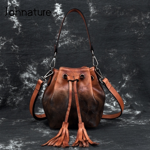 Johnature 2022 New Vintage Cowhide Multifunctional Women Small Bag Fashion Bucket Genuine Leather Tassel Shoulder&crossbody Bags ► Photo 1/6