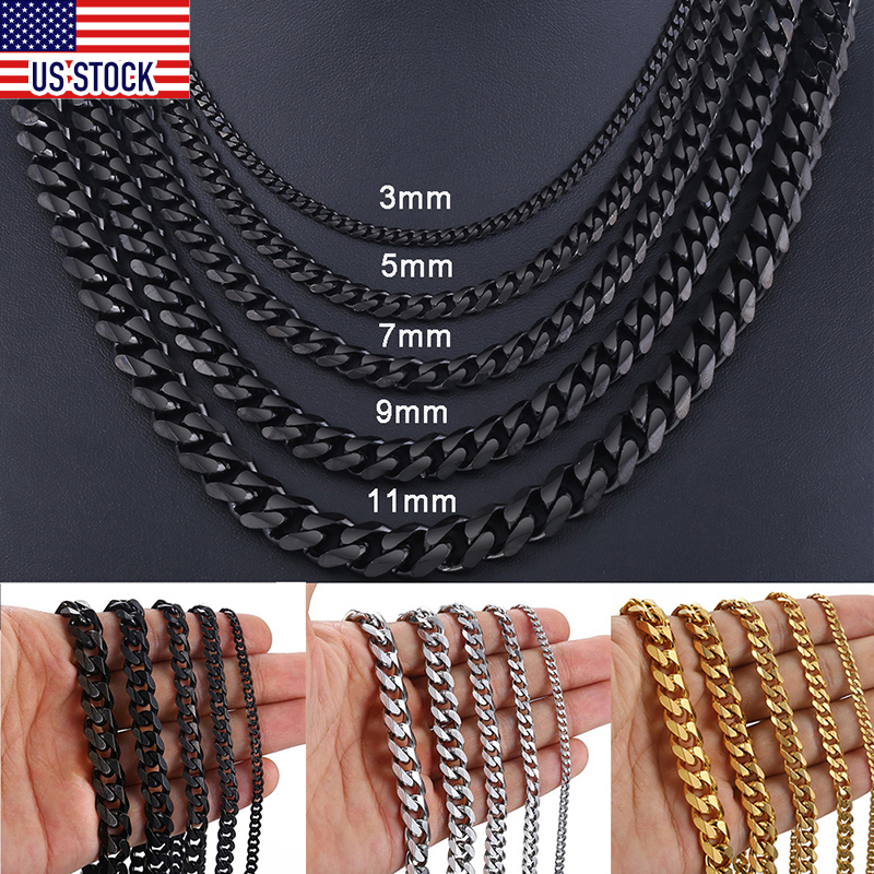 3/5/7mm MENS Boys Chain Black Tone Curb Link Stainless Steel Necklace 18-36''