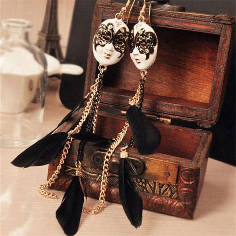 1Pair Vintage Baroque Chain Feather Tassel Mask Ball Improper Face Extra Long Earrings For Women New Fashion Hot ► Photo 1/6