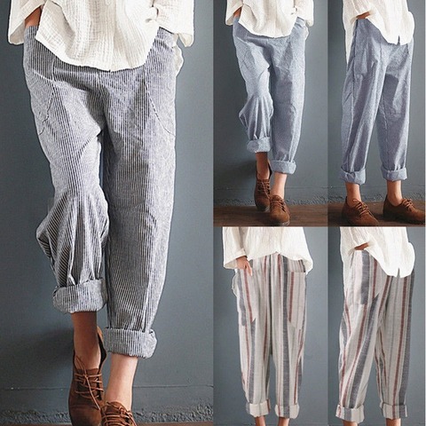 Plus Size 5xl Cotton Linen Pants Women Summer Loose Harem High Waist Pocket Stripped Pants Casual Pantalon Sweatpants Trousers ► Photo 1/1