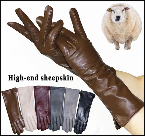 Leather gloves, women's sheepskin gloves, mid-length gloves, plus velvet, thickened winter warmth, color leather New style 2022 ► Photo 1/6