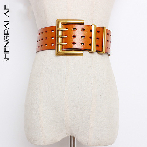 SHENGPALAE 2022 New Genuine Leather Belt Female Vintage Metal Buckle Wide Leather Waistband Women Designer Brand Belt Lady PE153 ► Photo 1/6