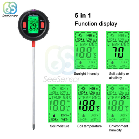 5 In 1 Digital PH Meter Soil Moisture Monitor Temperature Humidity Sunlight Tester For Gardening Plants Farming With Blacklight ► Photo 1/6