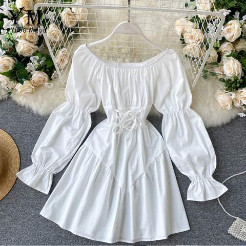 YuooMuoo Early Autumn Dress 2022 Retro Gothic Women White Black Bandage Mini Dress Sexy Off Shoulder Puff Sleeve Korean Vestidos ► Photo 1/6