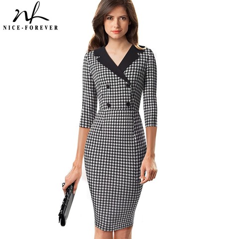 Nice-forever Vintage Houndstooth Patchwork Office Work vestidos with Button Business Party Women Bodycon Dress B570 ► Photo 1/6