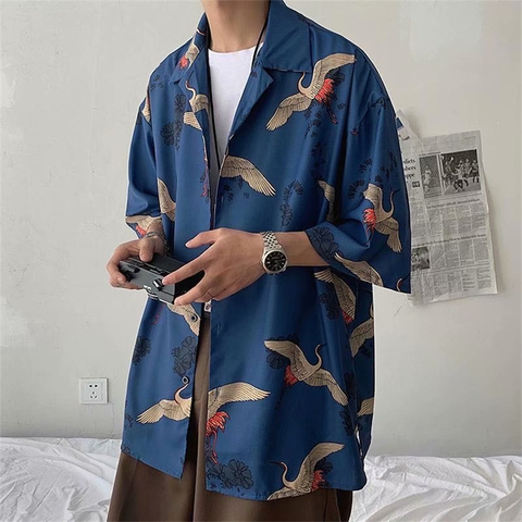 2022 Men Japanese Kimono Samurai Vintage Yukata Gown Print Cardigan Harajuku Haori Three Quarter Sleeve Crane Streetwear Fashion ► Photo 1/1