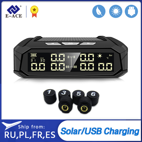 E-ACE K10 Solar TPMS Car Tire Pressure Alarm Monitor System Tyre Temp Digital Display Auto Security Alarm Systems with 6 sensors ► Photo 1/6
