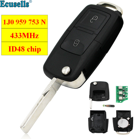 REMOTE KEY FOB 2 BUTTON 433MHZ WITH ELECTRONICS 1J0 959 753 N 1J0959753N FOR VOLKSWAGEN FOR VW PASSAT GOLK MK4 with ID48 CHIP ► Photo 1/6