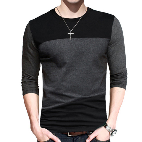 BROWON Autumn Korean Men T Shirt Vintage Style Patchwork Black&gray O-neck Long Tshirt Men Clothing 2022 Plus Size M-5XL ► Photo 1/6