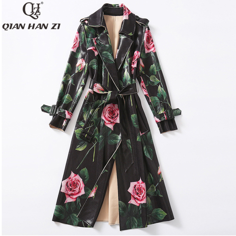 Qian Han Zi New Designer Fashion Flower Print Bright Leather trench coat Women long sleeve roses vintage Long Slim belt coat ► Photo 1/6