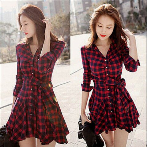 Fashion Womens Lady Long Sleeve Ruffles Office Ladies Casual Flannel Plaid Check Button Down Top Layer Shirt Dress ► Photo 1/5
