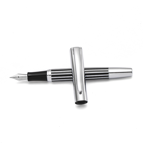 Baoer [Sober] Fountain Pen, Black Stripe Lacquer Barrel, Silver Trim Stainless Steel Medium Nib, Office School Signature A6259 ► Photo 1/6