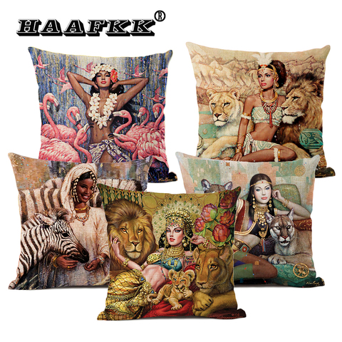 Vintage African Indian Sexy Girl Women Wild Animals Oil Painting Art Home Decorative Throw Pillow Case Linen Sofa Cushion Cover ► Photo 1/6