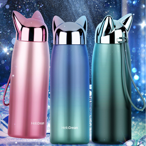 300ML Girls Water Bottle Double Wall Thermos  Stainless Steel Vacuum Flasks Cute Cat Fox Ear Thermal Travel Mug wholesale items ► Photo 1/6