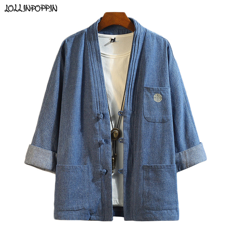 Men Denim Kimono Jacket Frog Closures Embroidery Pattern 2022 New Mens Three Quarter Sleeve Stand Collar Kimono Coat Japan Style ► Photo 1/6