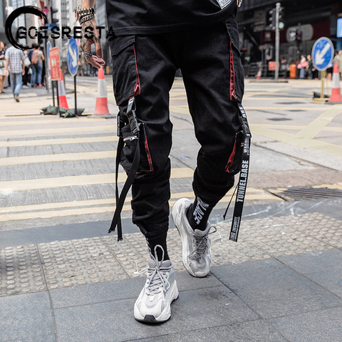 6 Pocket Black Cargo Pants Hip Hop Streetwear Jogger Elastic Waist Korean  Sweatpants