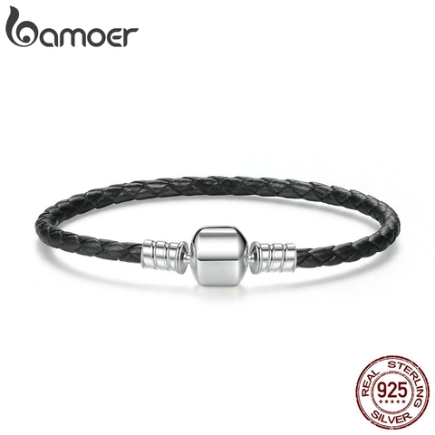 BAMOER Popular 925 Sterling Silver Genuine Leather Bracelets with Snake Chain Unisex DIY Bracelet Fine Jewelry PAS911 ► Photo 1/6