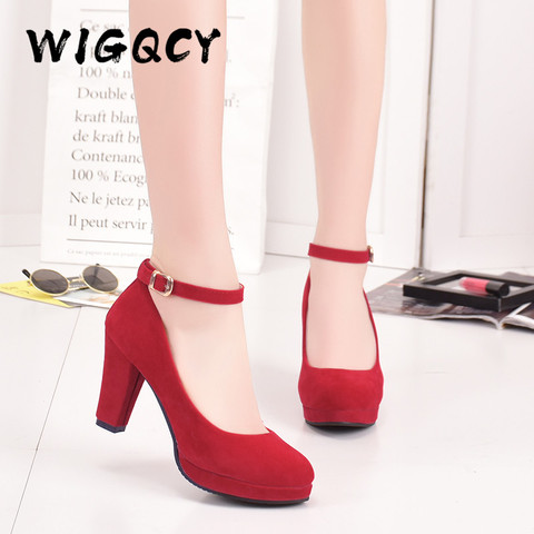 Ankle Strap High Heels Sweet Women's Pumps Flock Woman Thick Flock Platform Mary Jane Women Party Shoes Buckle Ladies Footwear ► Photo 1/6