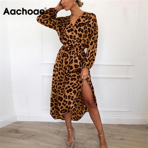 Aachoae Leopard Dress 2022 Women Vintage Long Beach Dress Loose Long Sleeve V-neck A-line Sexy Party Dress Vestidos de fiesta ► Photo 1/6