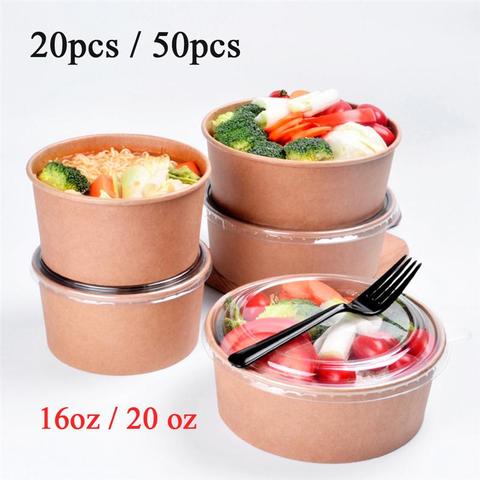 20pcs 50pcs Disposable Kraft Paper Bowl With Paper Lid Fruit Salad Bowl Lids Food Packaging Containers Party Favors (16oz 26oz ► Photo 1/6