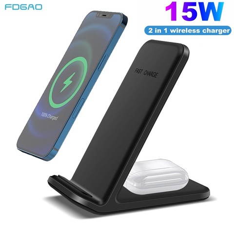 FDGAO 15W Qi Wireless Charger 2 in 1 Fast Charging Stand For iPhone 12 Mini 11 Pro XS Max XR X 8 Airpods Pro Samsung S20 S10 S9 ► Photo 1/6