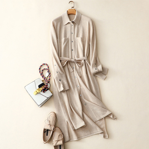 winter new women turn-down collar dress high quality 100% superior cashmere knit dress with belt ► Photo 1/5